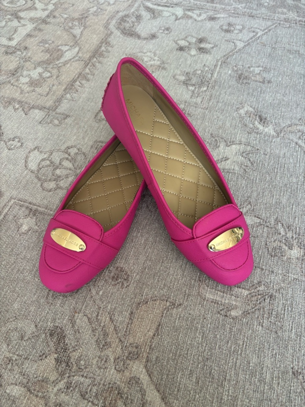 NWOT- Michael Kors Hot Pink Leather Loafers with Gold Plaque